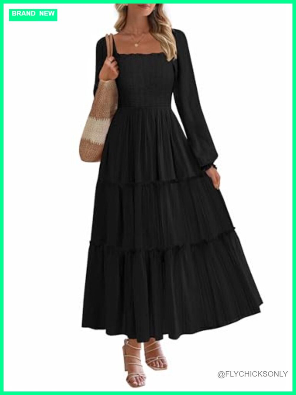 Long Sleeve Ruffle Flowy Maxi Dress Smocked Square Neck A-Line